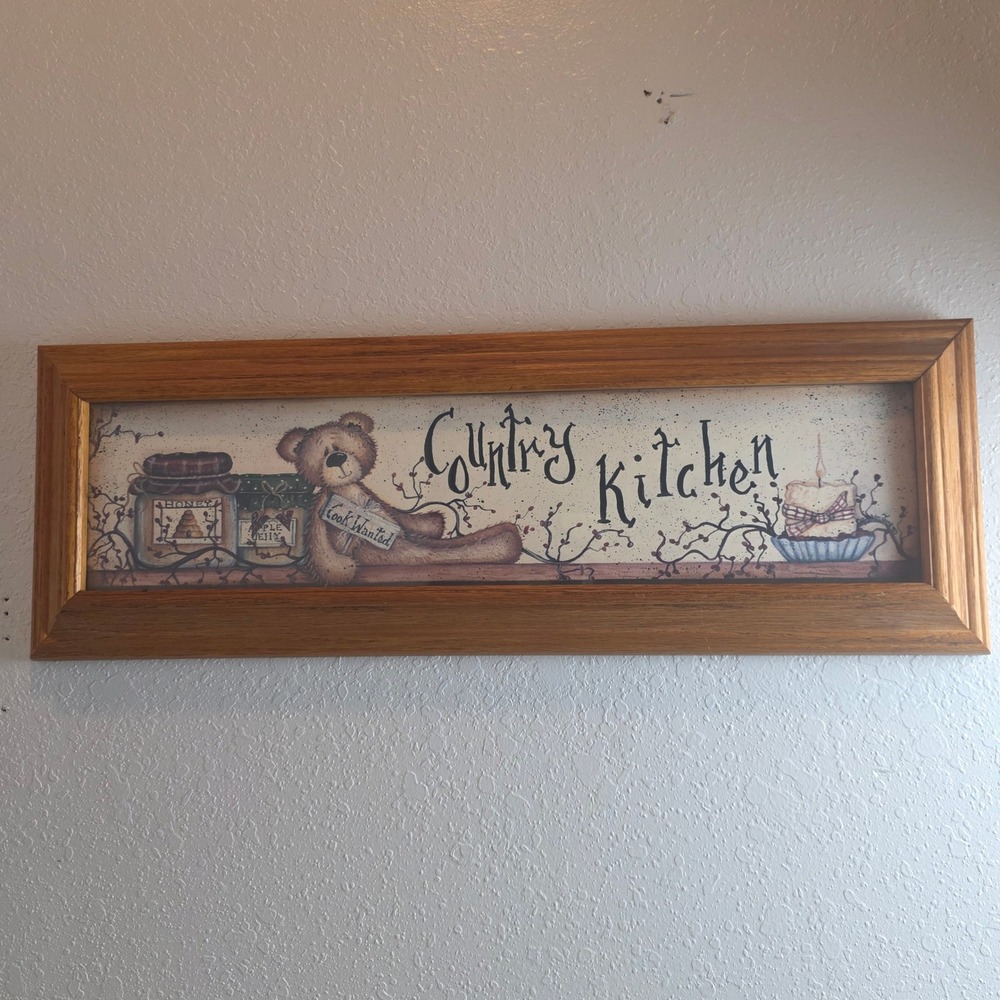 Vintage Mary Ann June Country Kitchen Oak Framed Art Primitive Teddy‎ Bear